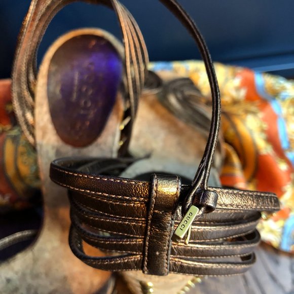 Gucci Brown Leather Studded Cork Wedge Sandals - Picture 8 of 12